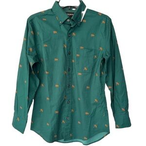 Bonobos Hockey Bears Stretch Slim Fit Men’s Green Cotton Dress Shirt Size XS